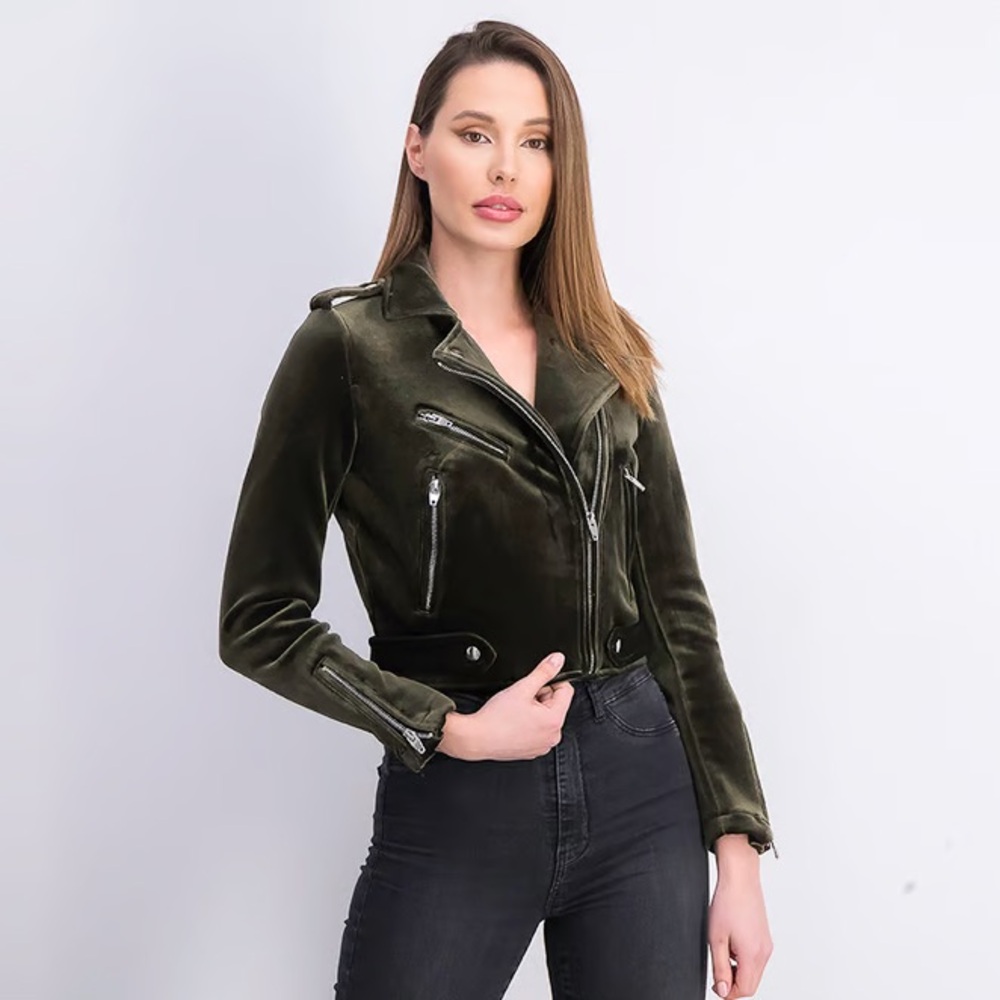 Bershka Dark Green Velvet Moto Jacket